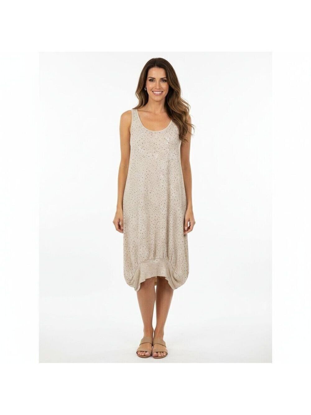 Poleci Laser Cut-Out Tunic Dress – Beige/Nude, Size XS